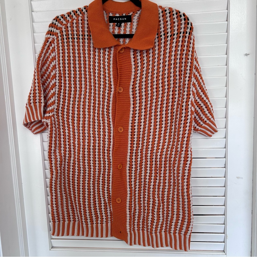 Pacsun Men's Open Knit Miami Club Sweater Camp Shirt Y2K Orange Stripe Sz MED
